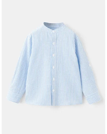 Camasa din amestec de in cu model in dungi si decolteu henley, Alb/Albastru deschis