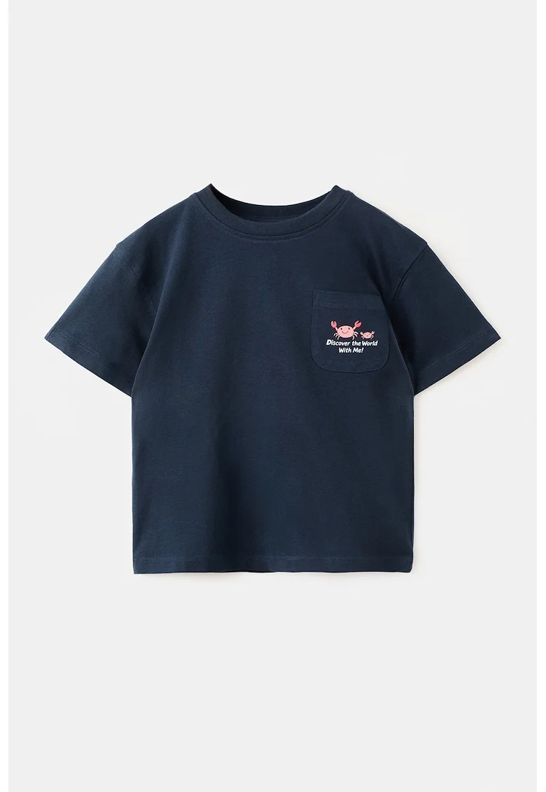 Tricou din bumbac cu imprimeu grafic si text, Albastru ultramarin/Roz