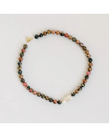 Colier  din pietre semipretioase Rodonit si perla de cultura baroc, cupru, multicolor, handmade