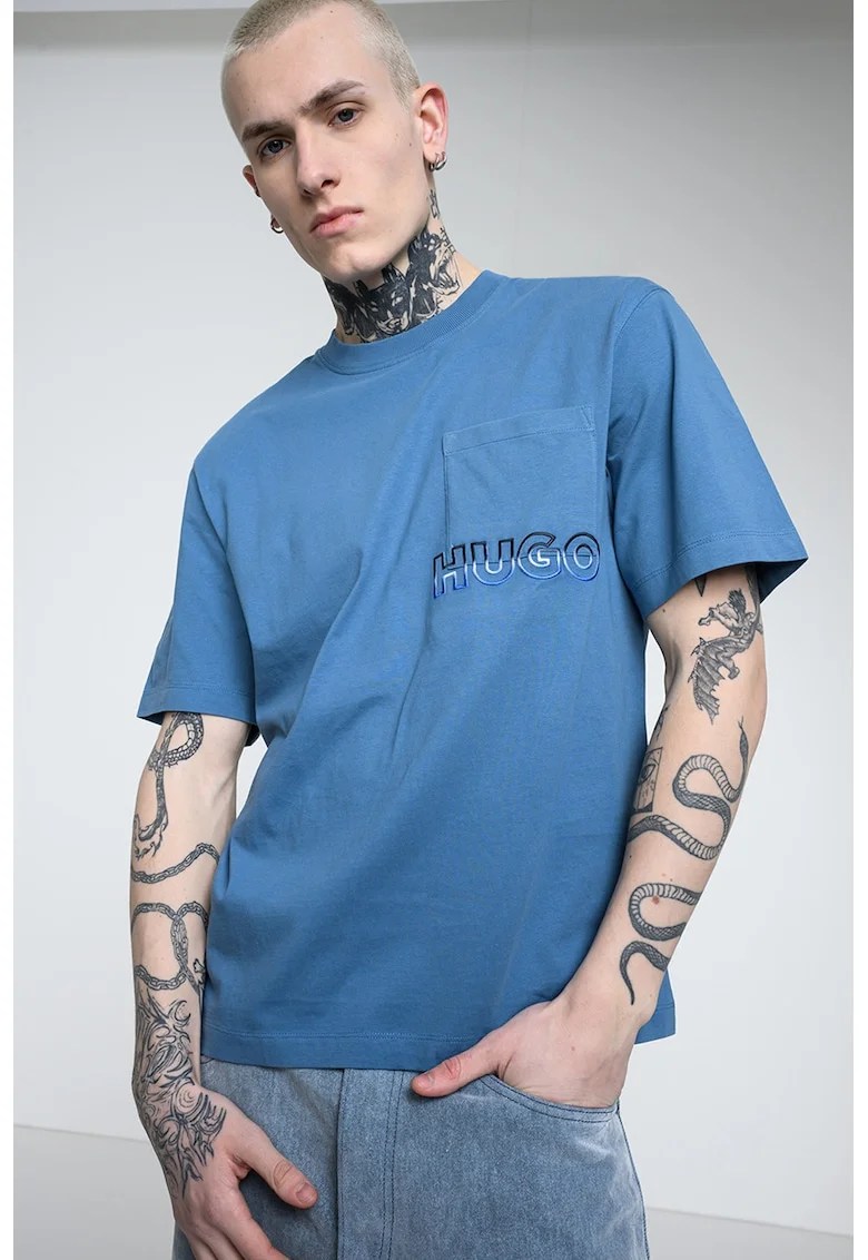 Tricou cu detaliu logo si buzunar pe piept, Albastru petrol