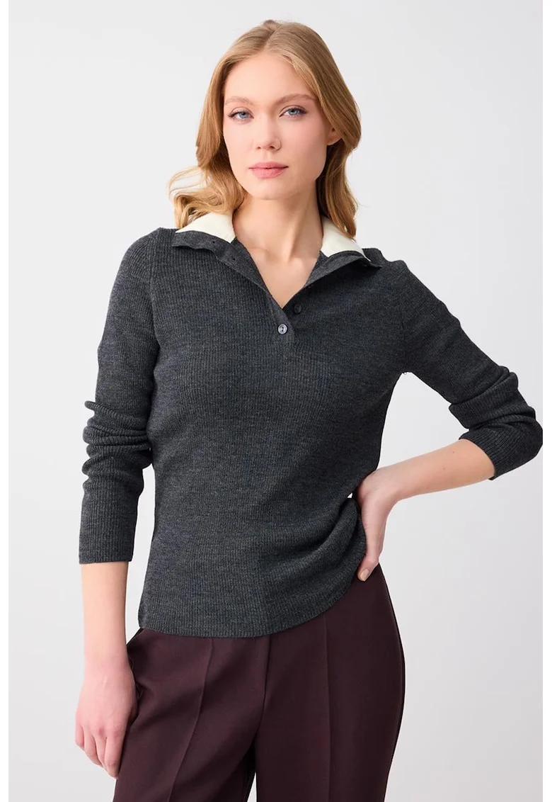 Bluza polo din amestec de lana, Gri inchis melange
