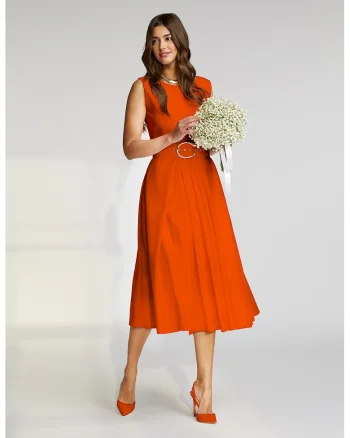 Rochie midi cu croiala in A si curea Vienna, Portocaliu mandarina