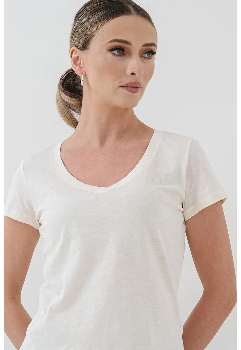 Tricou de bumbac cu decolteu rotund, Alb fildes