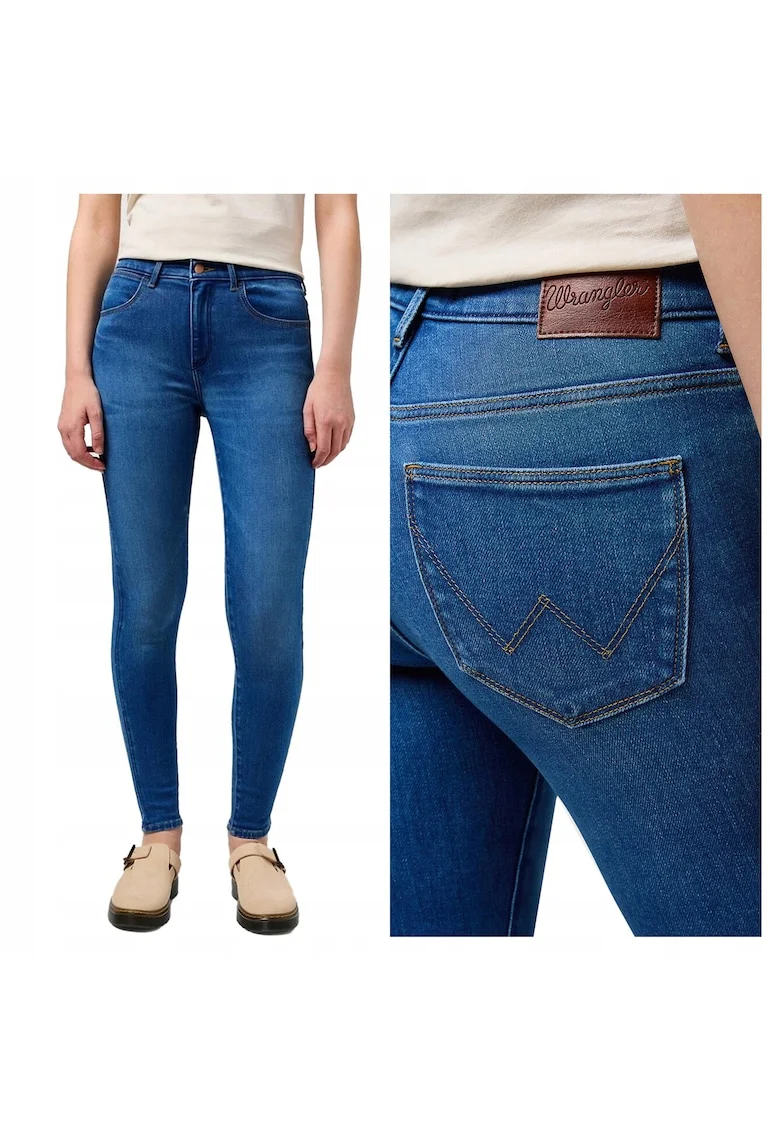 Blugi Dama,  Rustic, Skinny Fit, Talie Medie, 5 Buzunare, Fermoar, Lungi, Bumbac, W28-L30 US, Albastru