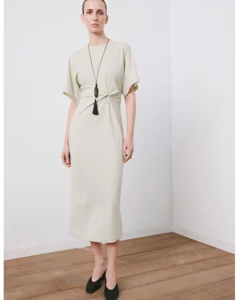 Rochie midi cu detaliu drapat, Bej deschis