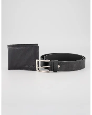 Set de curea texturata din piele si portofel - 2 piese, Negru