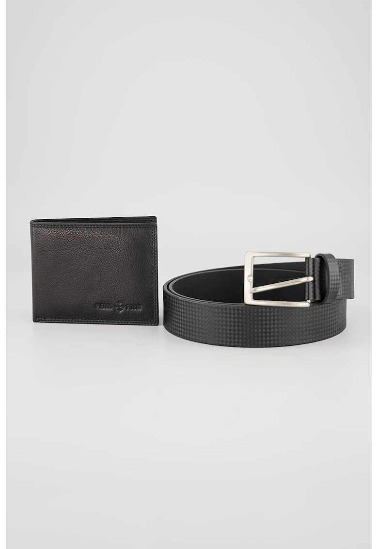 Set de curea din piele, portofel si portcart, Negru