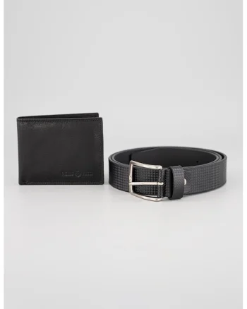 Set de curea din piele, portofel si portcart, Negru