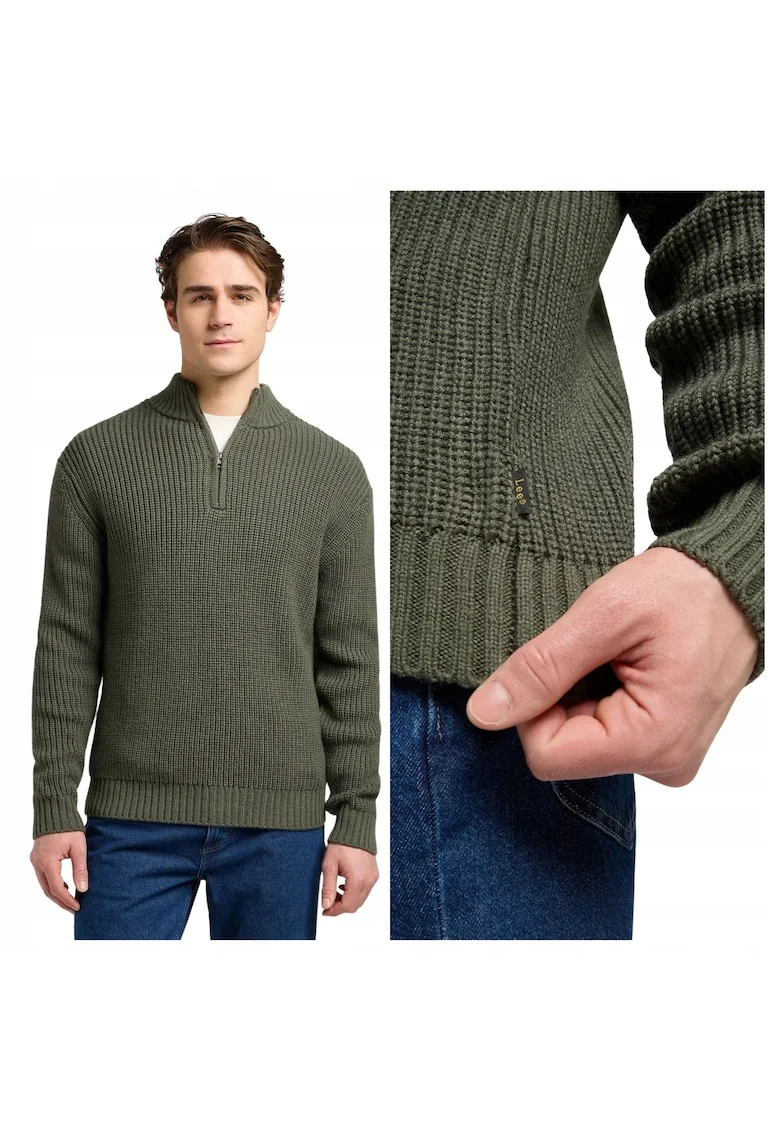 Pulover Barbati,  Half Zip Knit, Regular Fit, Cu Fermoar, Maneci Lungi, Fara Buzunare, Bumbac, Verde, Verde