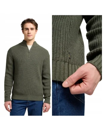 Pulover Barbati,  Half Zip Knit, Regular Fit, Cu Fermoar, Maneci Lungi, Fara Buzunare, Bumbac, Verde, Verde