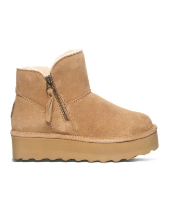 Ghete flatform de piele intoarsa cu fermoar, Maro camel