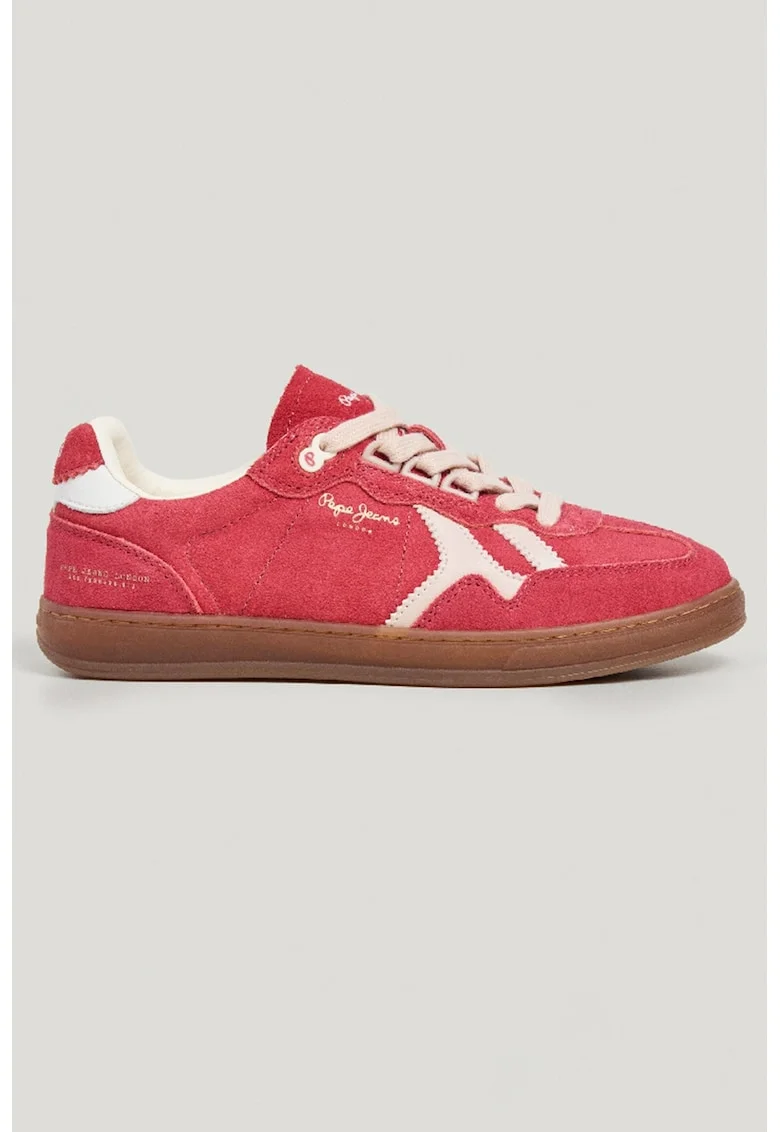Pantofi sport de piele intoarsa si piele ecologica, Coral/Alb murdar