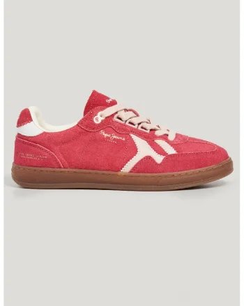 Pantofi sport de piele intoarsa si piele ecologica, Coral/Alb murdar