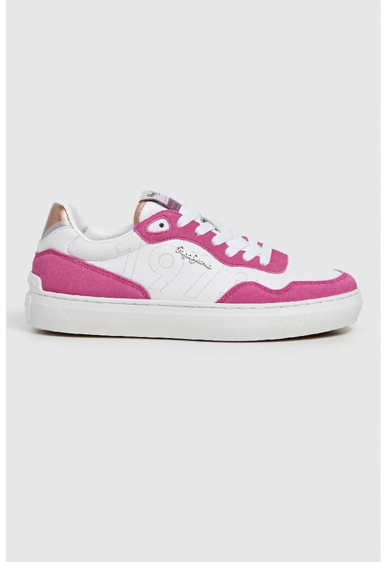 Pantofi sport cu piele intoarsa si piele peliculizata, Fucsia/Alb optic/Argintiu