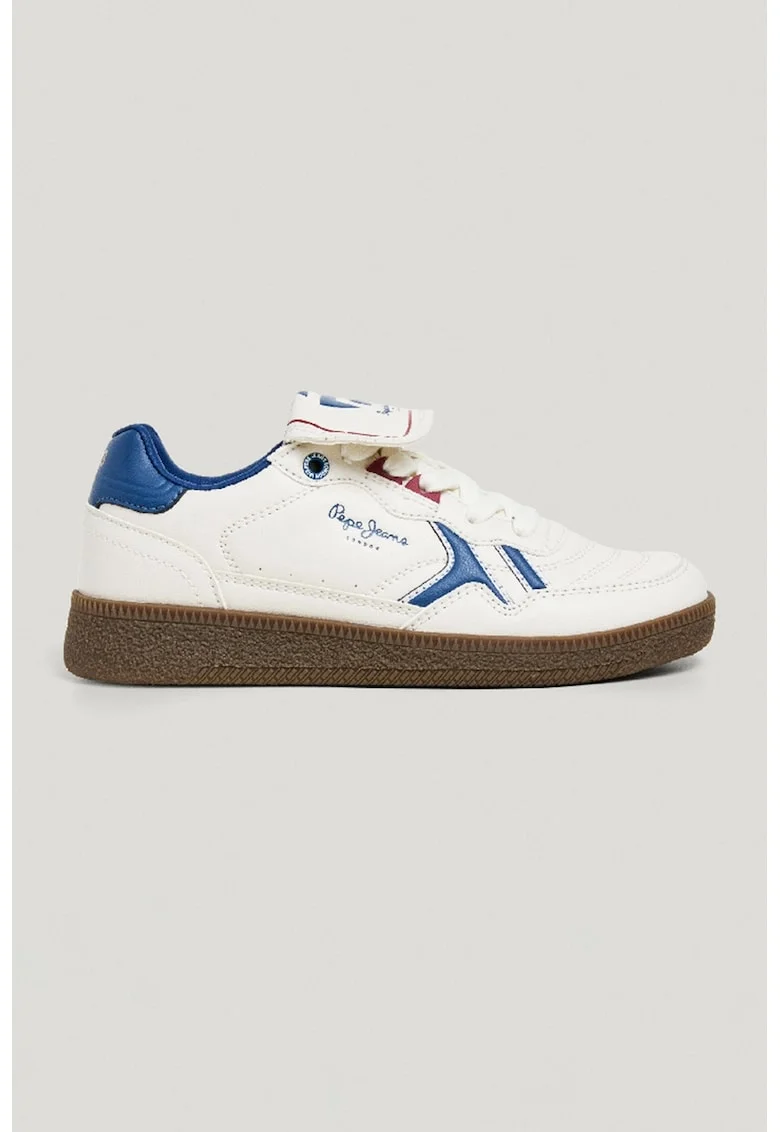 Pantofi sport de piele ecologica cu limba pliabila, Alb/Albastru inchis