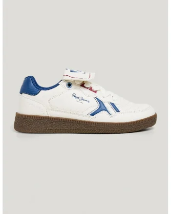Pantofi sport de piele ecologica cu limba pliabila, Alb/Albastru inchis