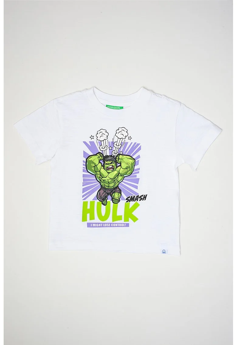 Tricou cu decolteu la baza gatului si imprimeu cu desene animate, Alb/Ametist/Verde lime
