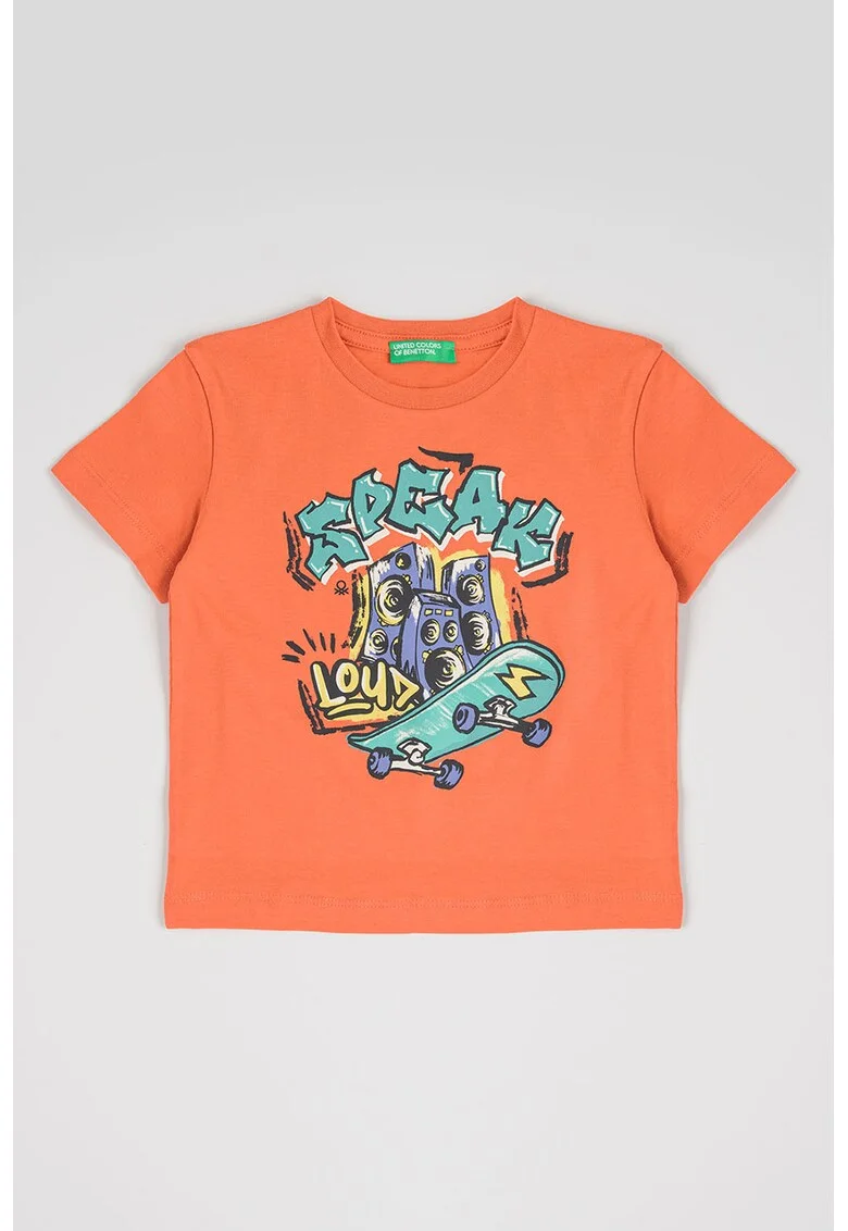Tricou din bumbac cu imprimeu grafic si text frontal, Albastru inchis/Coral/Verde persan