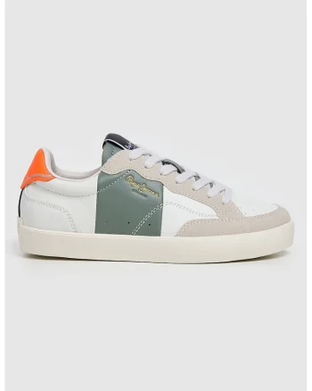 Pantofi sport de piele cu model colorblock, Alb/Negru/Portocaliu mandarina/Verde sparanghel