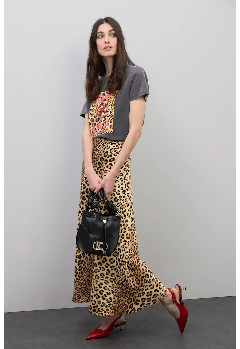 Fusta din satin cu model animal print, Negru/Maro nisip