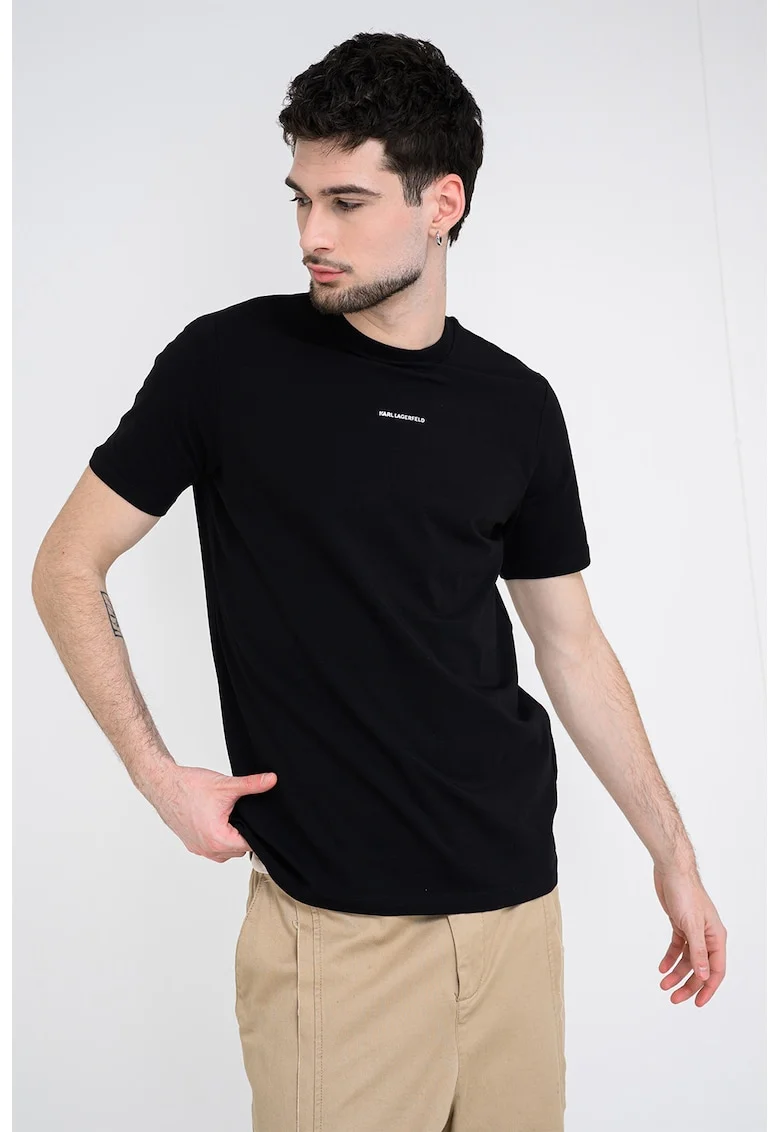 Tricou cu decolteu la baza gatului si detaliu logo, Negru/Argintiu