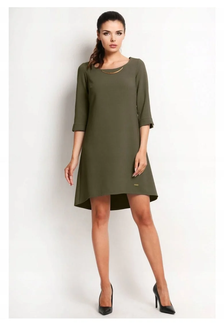 Rochie Trapez,  Tip Midi, Asimetrica, Stil Casual, Elegant, Business, 58% Poliester, 37% Viscoza, 5% Elastan, Lungime Maneca 3/4, Decolteu Rotund, Pentru Birou, Pentru Munca, Pentru Intalnire, Bleumarin, Verde masliniu