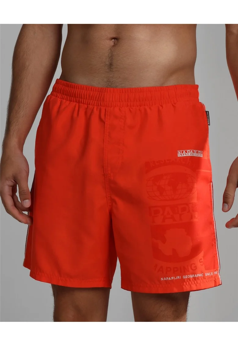 Pantaloni scurti de baie cu imprimeu logo si talie joasa elastica Galapagos