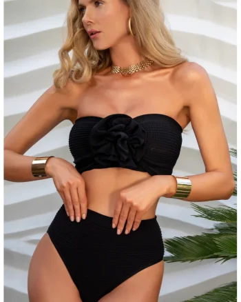 Costum de baie din 2 piese "Crinkle Sculpt", tip bandeau, material elastic, modelator, Rosu