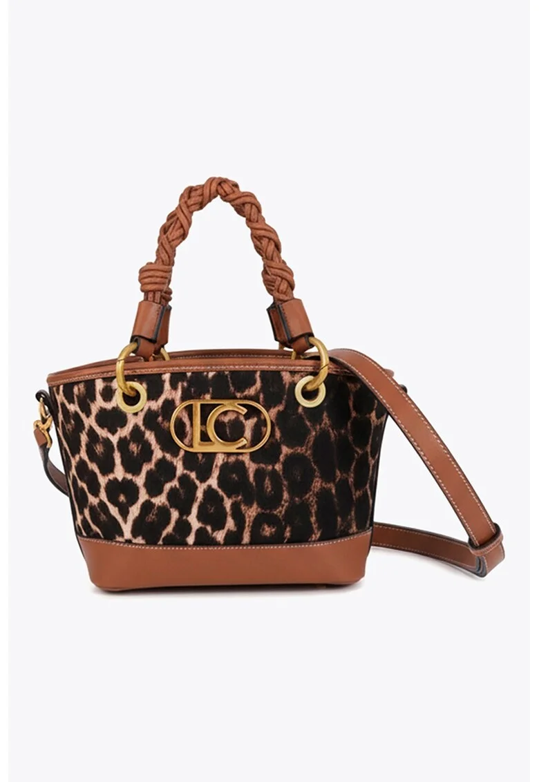 Geanta din piele ecologica si material textil cu maner si model animal print, Maro