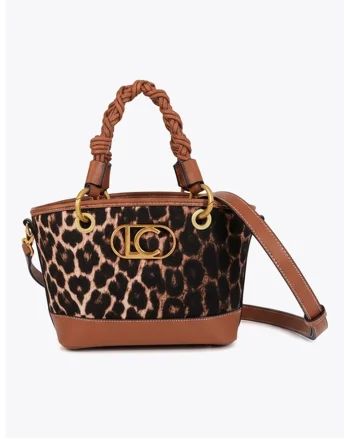 Geanta din piele ecologica si material textil cu maner si model animal print, Maro