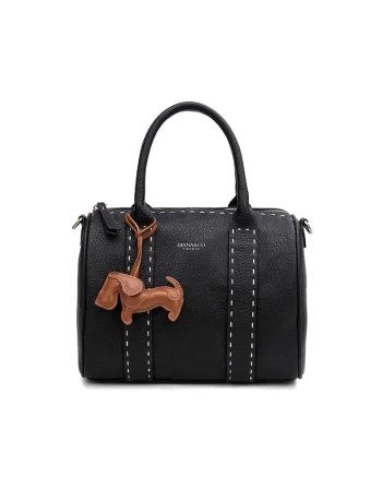 Geanta de piele ecologica cu bareta de umar si accesoriu decorativ Valoria Lux, Negru