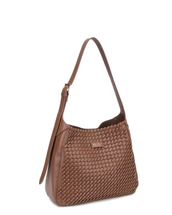 Geanta hobo de piele ecologica cu aspect tesut Étoile, Caramel