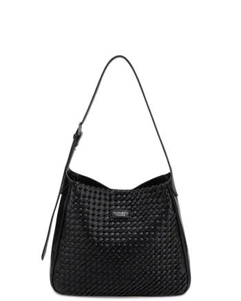 Geanta hobo de piele ecologica cu aspect tesut Étoile, Negru
