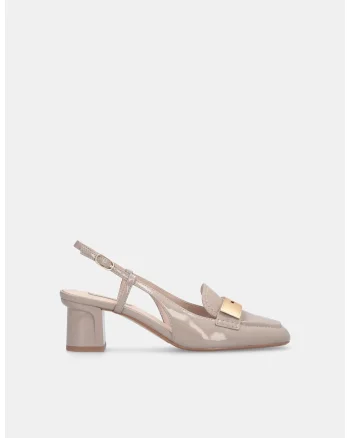 Pantofi slingback din piele lacuita cu varf patrat, Gri/Bej