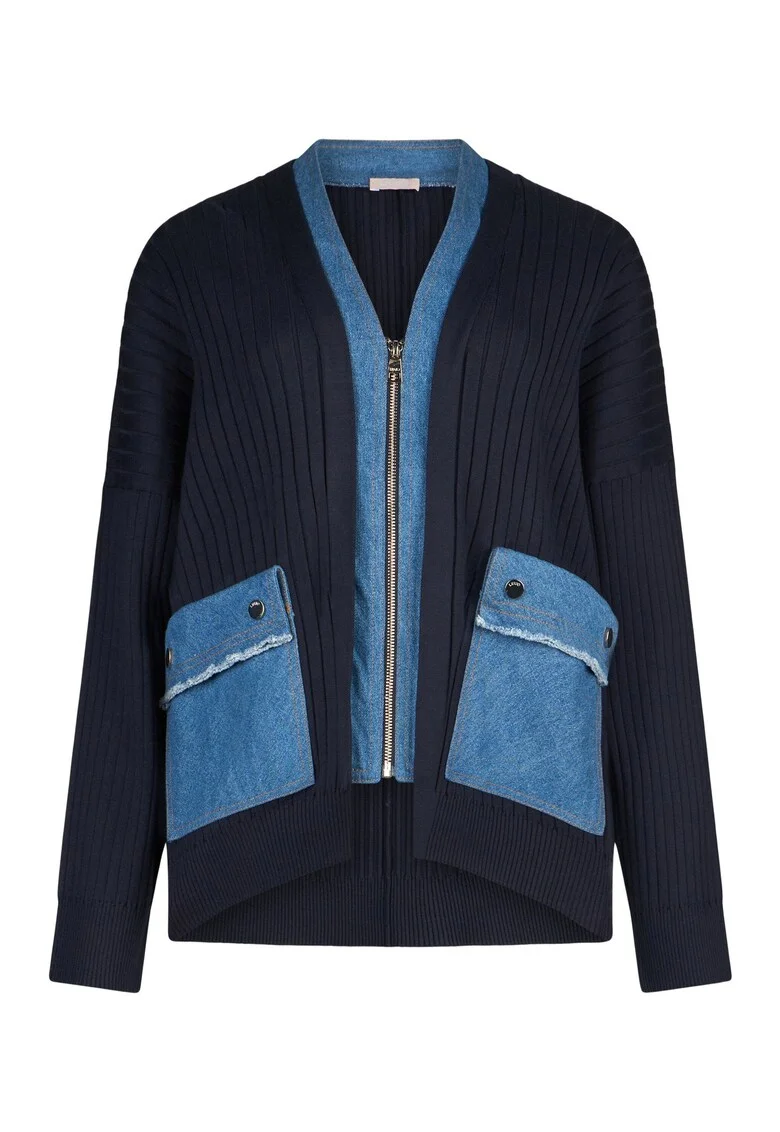 Cardigan cu garnituri din denim si fermoar, Albastru inchis