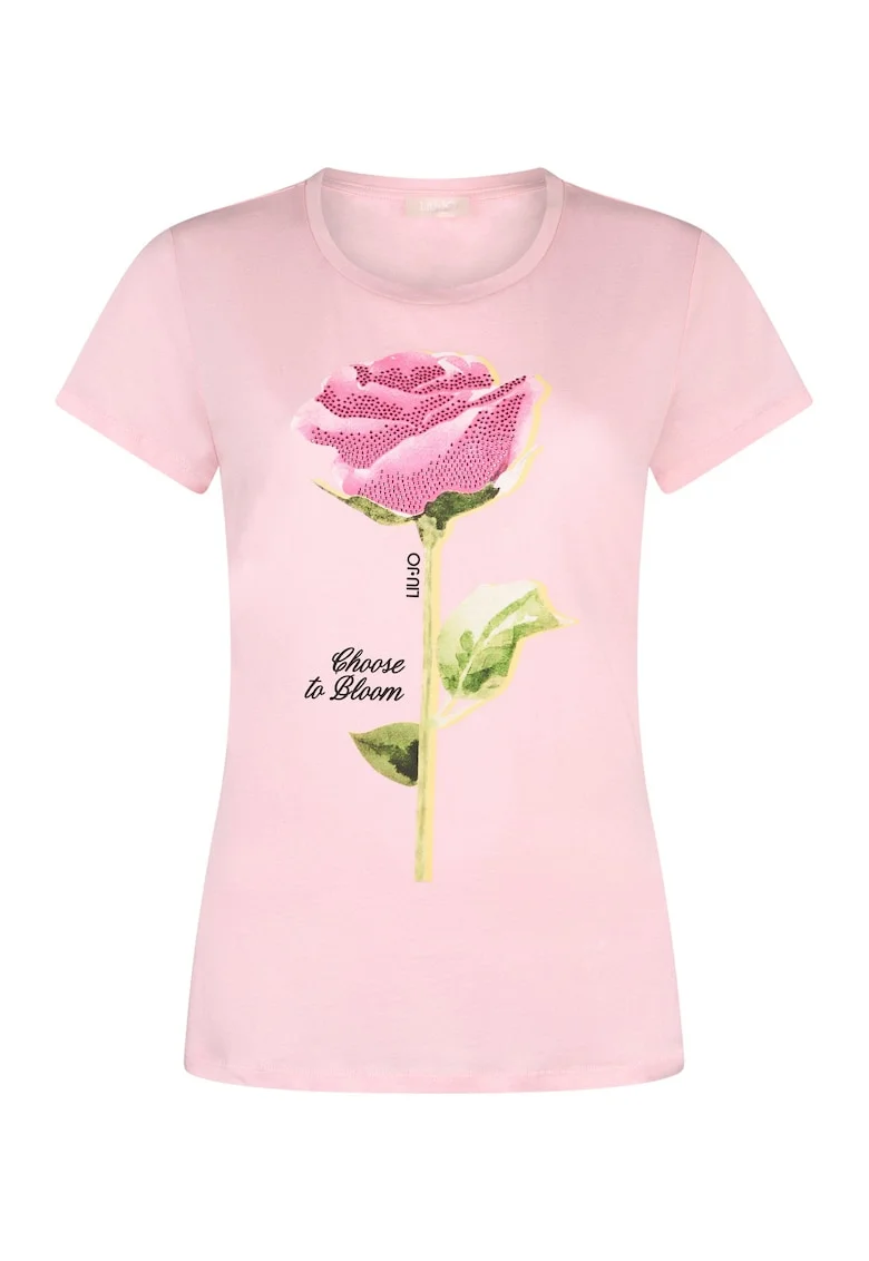 Tricou din bumbac cu decolteu la baza gatului si imprimeu, Roz