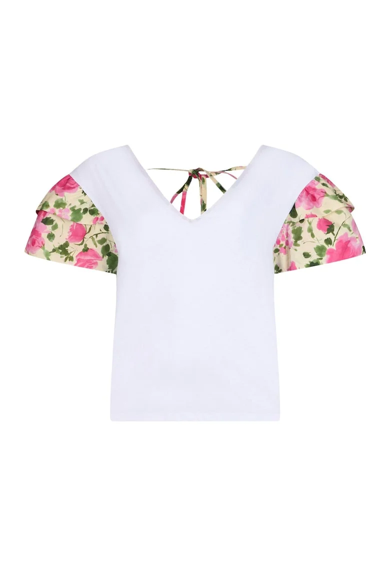 tricou de bumbac cu decolteu in V si maneci cu model floral, Alb/Roz