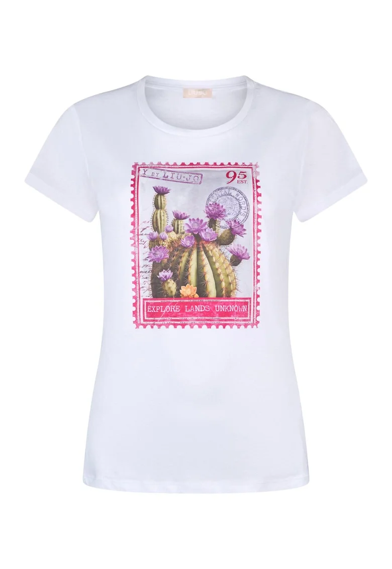 Tricou din bumbac cu decolteu la baza gatului si imprimeu, Alb