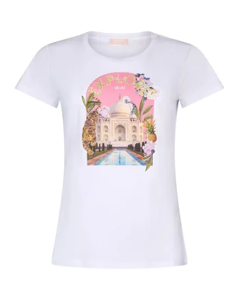 Tricou cu imprimeu grafic, Alb/Portocaliu/Roz