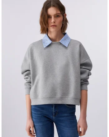 Bluza de trening cu guler clasic si strasuri, Gri
