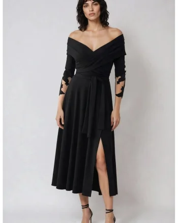 Rochie cu decolteu pe un umar si slit lateral, Negru