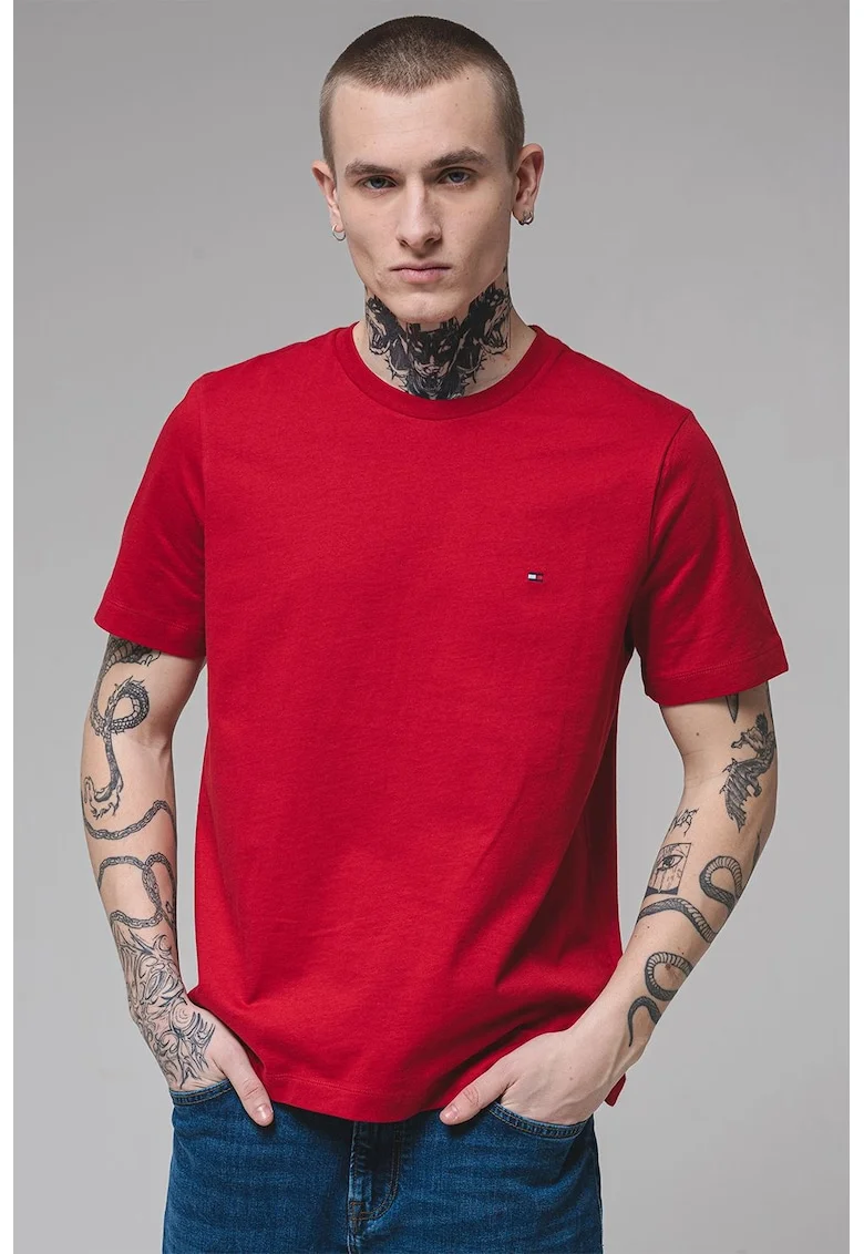 Tricou din bumbac cu decolteu la baza gatului, Rosu inchis