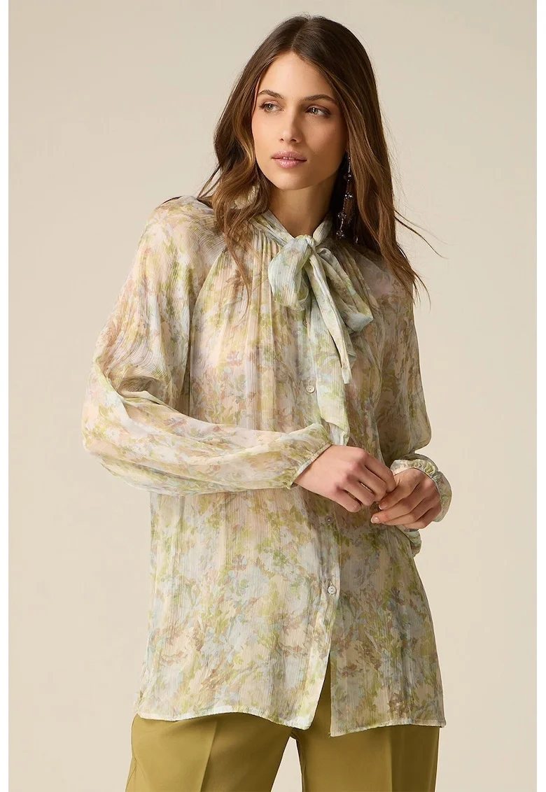 Bluza cu model floral si decolteu cu funda din panglici, Galben pal/Verde pal