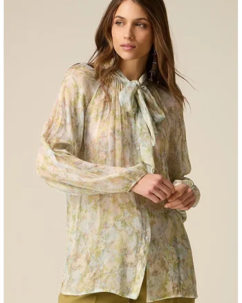 Bluza cu model floral si decolteu cu funda din panglici, Galben pal/Verde pal