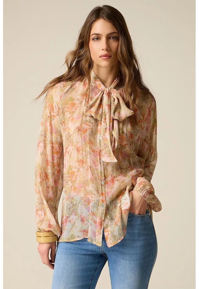 Bluza cu model floral si decolteu cu funda din panglici, Roz somon