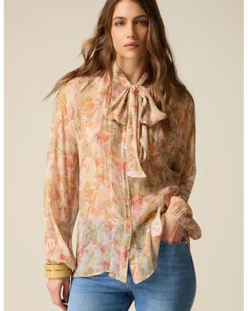 Bluza cu model floral si decolteu cu funda din panglici, Roz somon