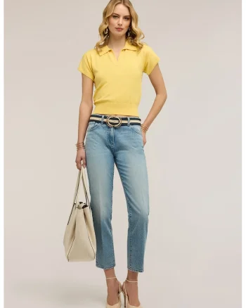 Blugi crop cu talie medie, Albastru deschis