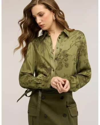 Camasa cu model floral si guler, Verde feriga