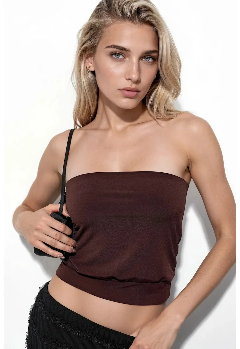 Top scurt  elegant, maro cafea, tricotat, 65% bumbac, 35% poliester,