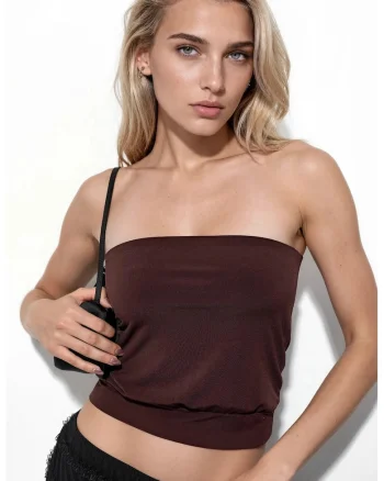 Top scurt  elegant, maro cafea, tricotat, 65% bumbac, 35% poliester,
